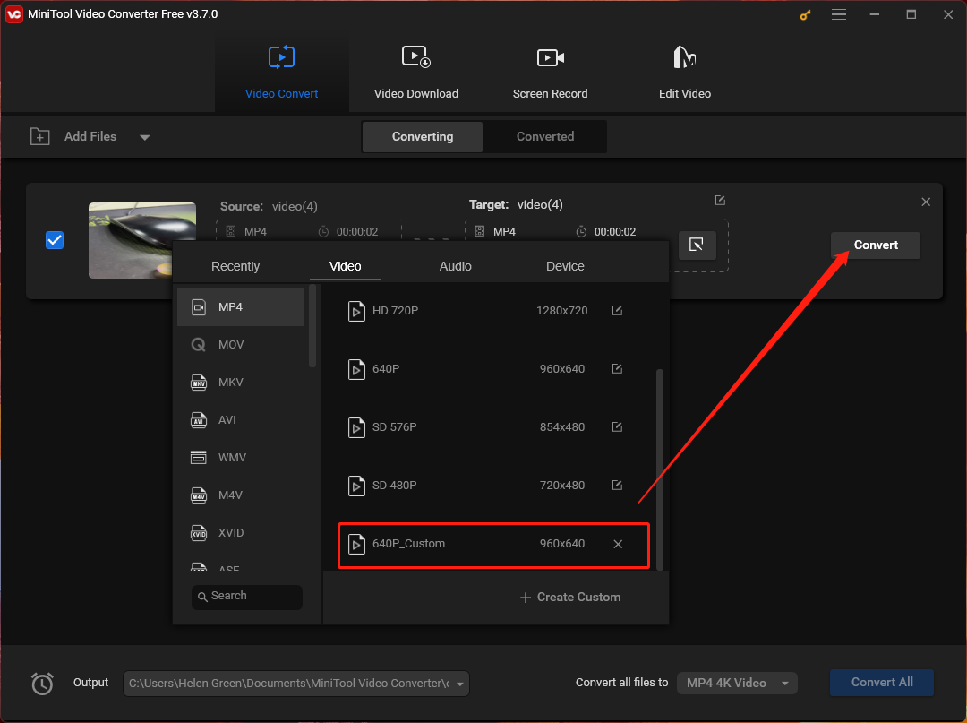 Choose Customized Video Format to Convert to in MiniTool Video Converter