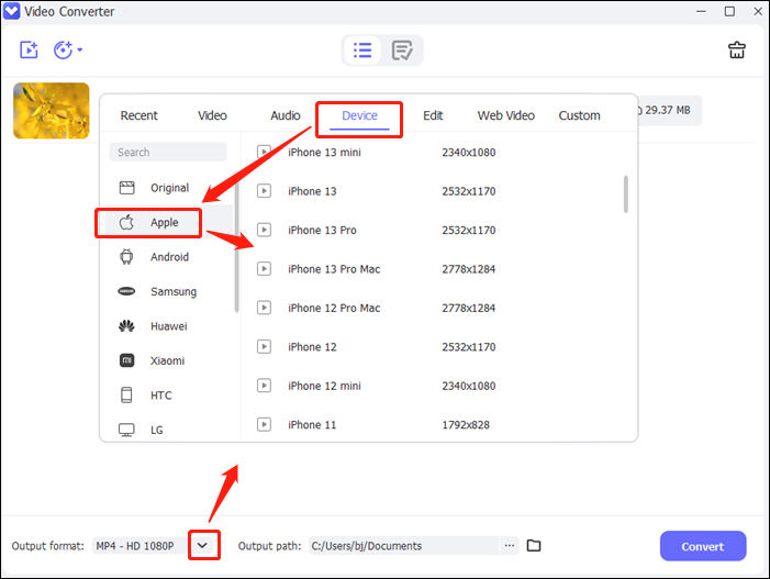 Choose an iPhone model for conversion in Joyoshare Video Converter