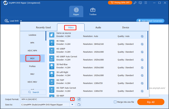 choose MOV as the output format