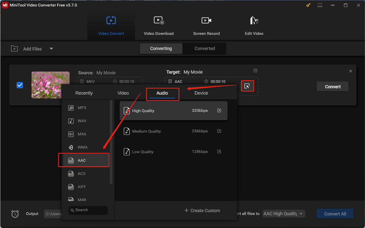 Select AAC as the output format in MiniTool Video Converter