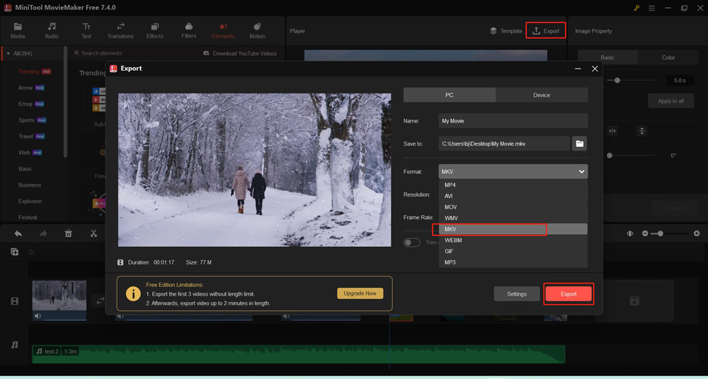 Choose MKV as the output format in MiniTool MovieMaker