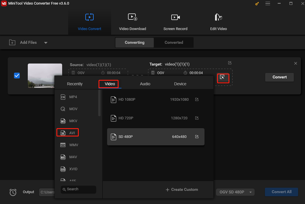 choose AVI as the output format