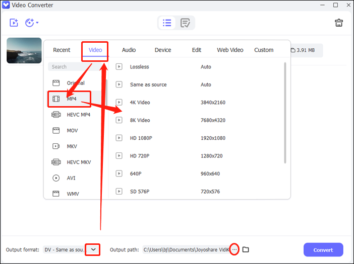 select the MP4 format and output folder