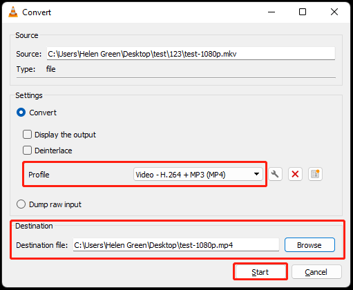 Choose an MP4 profile and destination to start conversion in VLC