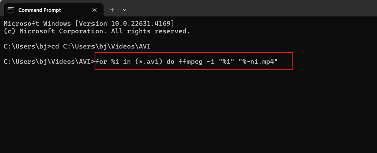 command for FFmpeg batch AVI to MP4 conversion