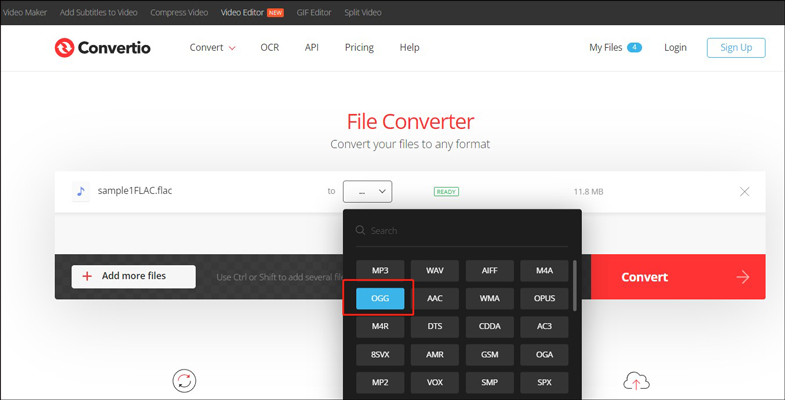 convert FLAC to OGG with Convertio