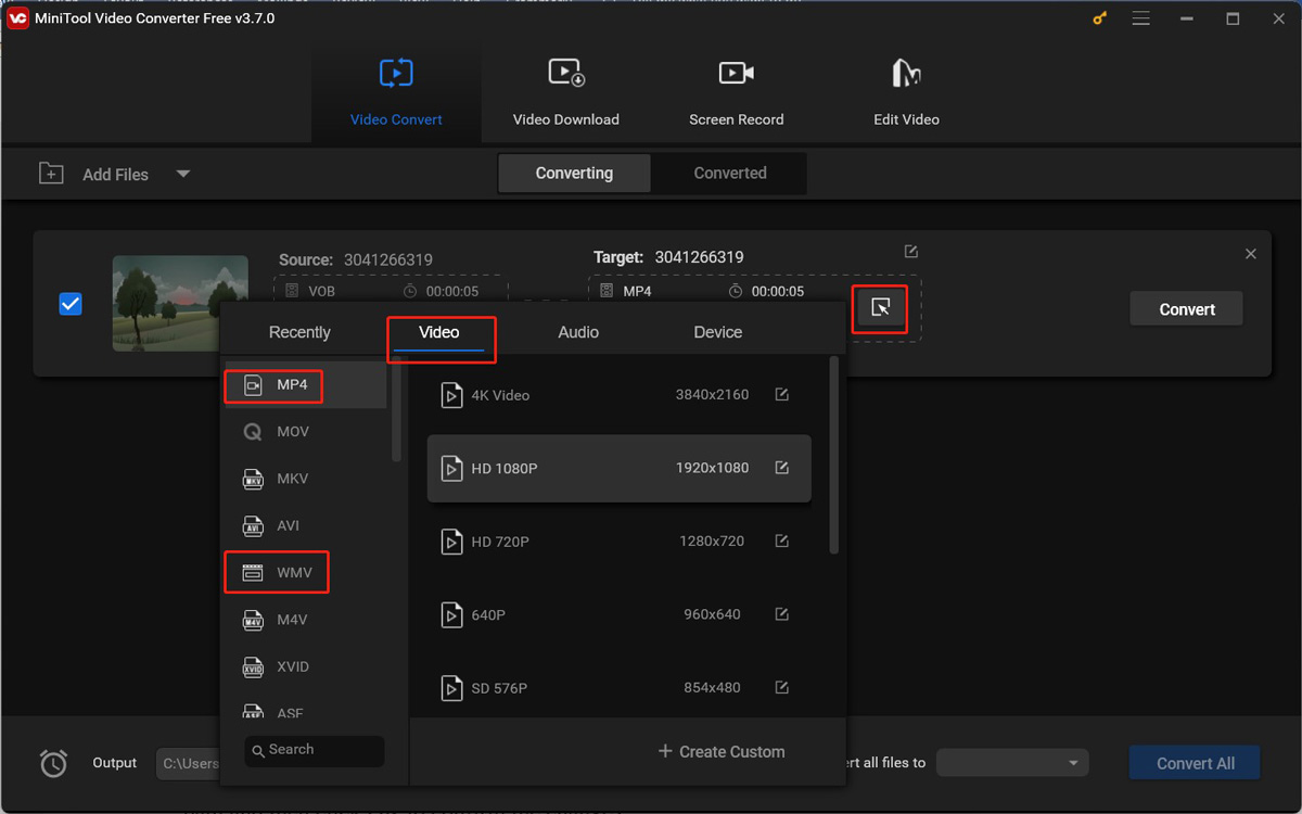 choose a target output format