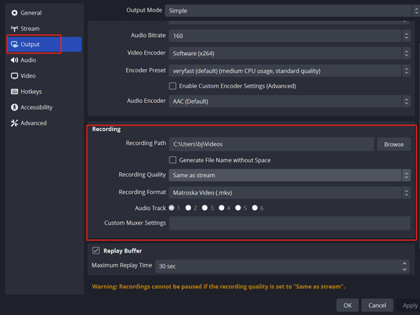 adjust recording settings in OBS