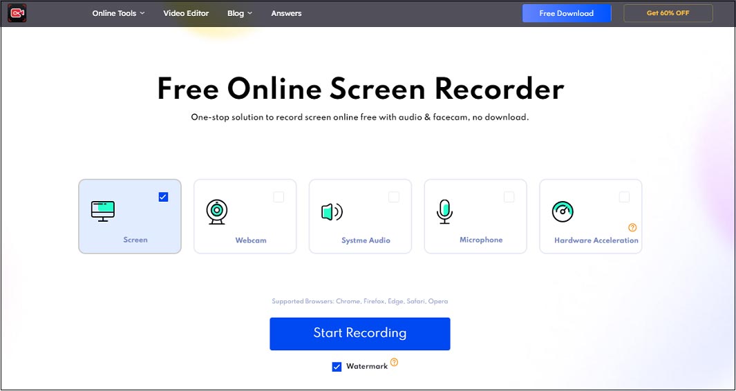 the interface of iTop Online Screen Recorder