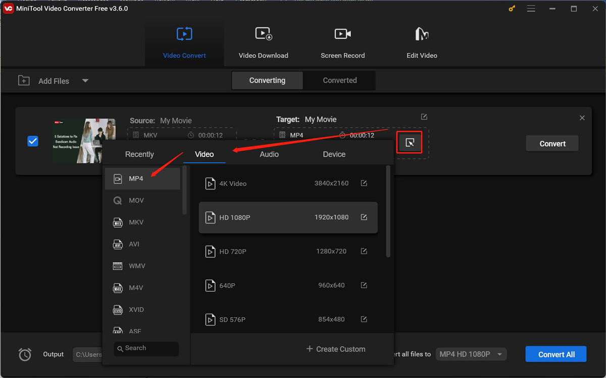 choose MP4 as the output format