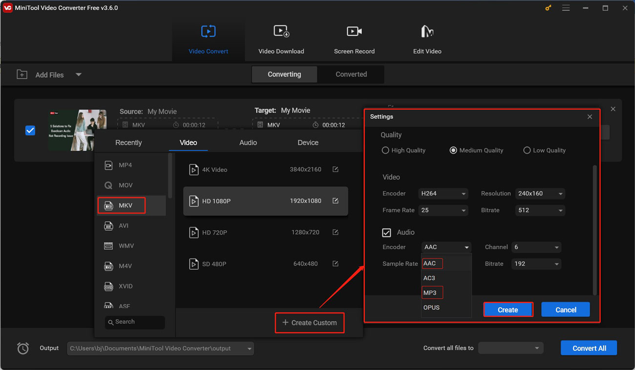 change to AAC or MP3 audio codec