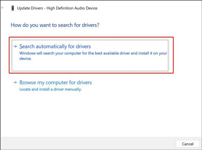 choose the Search automatically for drivers option