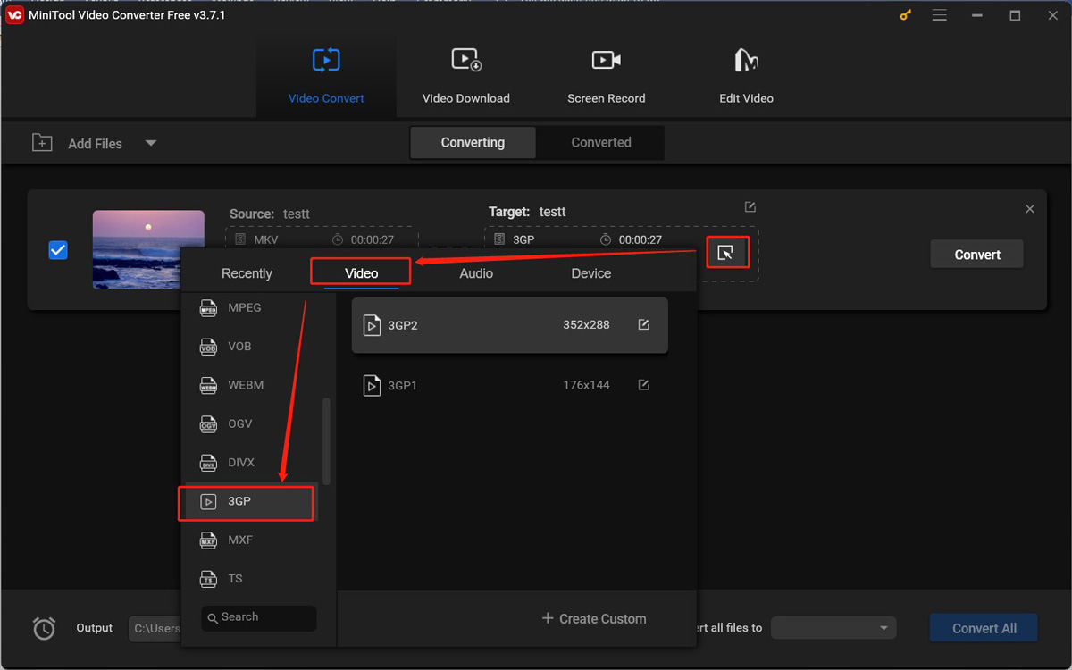 Choose 3GP as the output format in MiniTool Video Converter