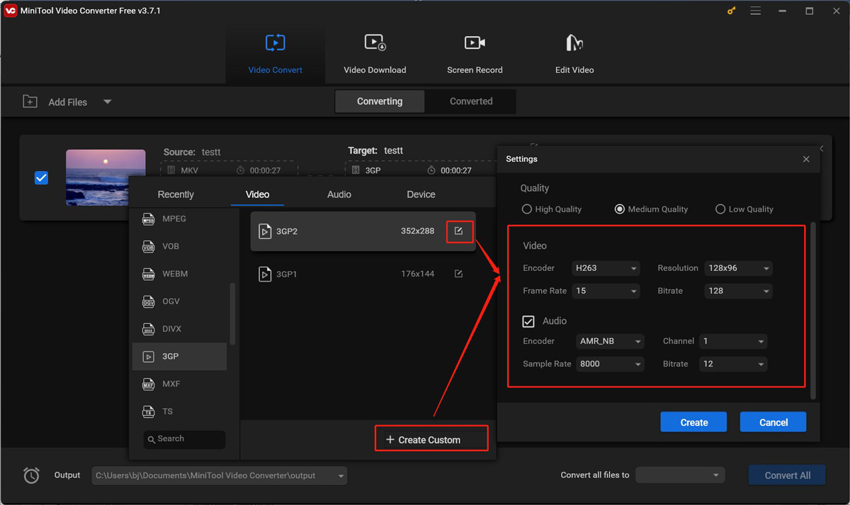 Customize the parameters for 3GP in MiniTool Video Converter