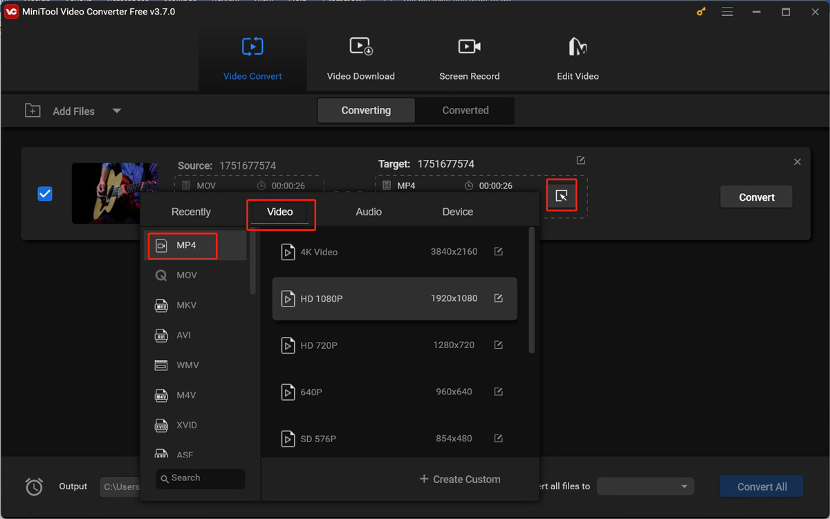 choose MP4 as the output format