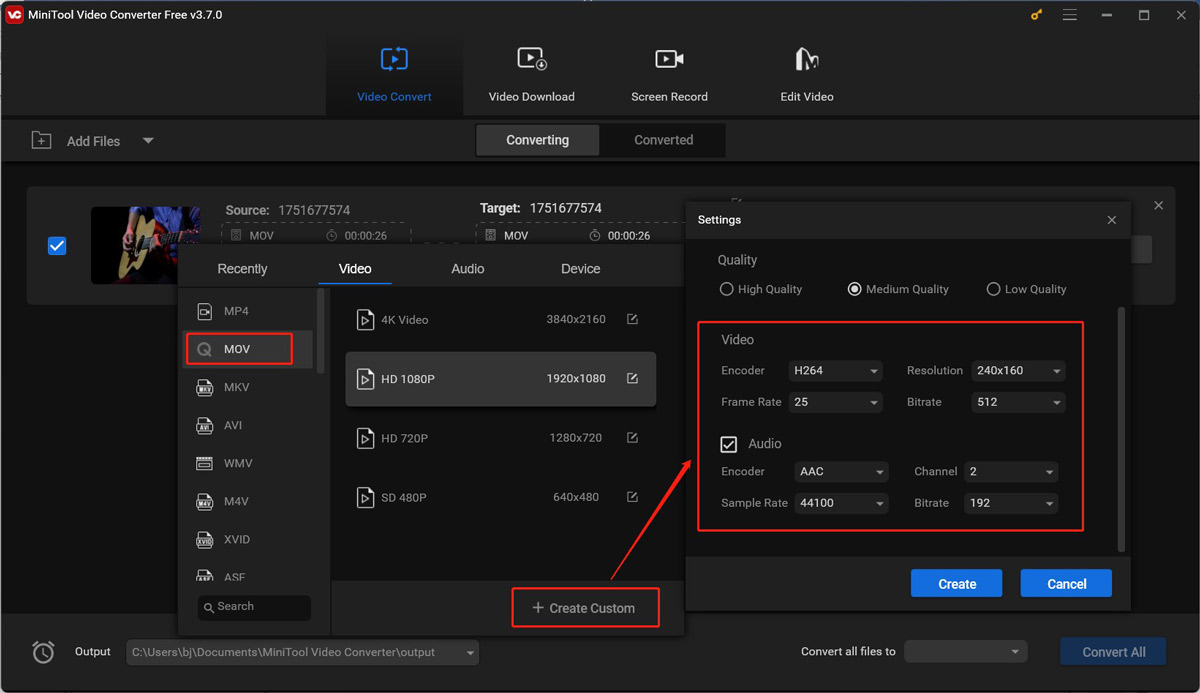 reset the audio encoder of the MOV video