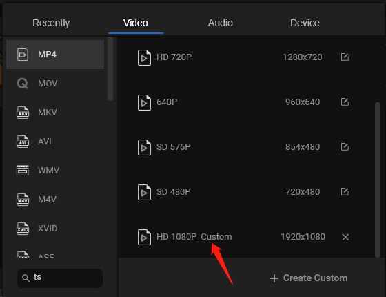 Select the customized video output format in MiniTool Video Converter