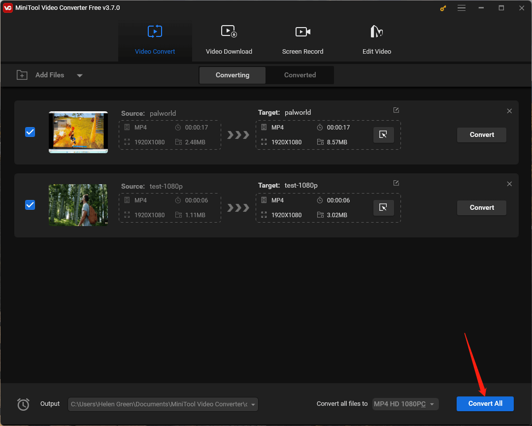 Click the Convert All option to start changing the codec of MP4 files in MiniTool Video Converter
