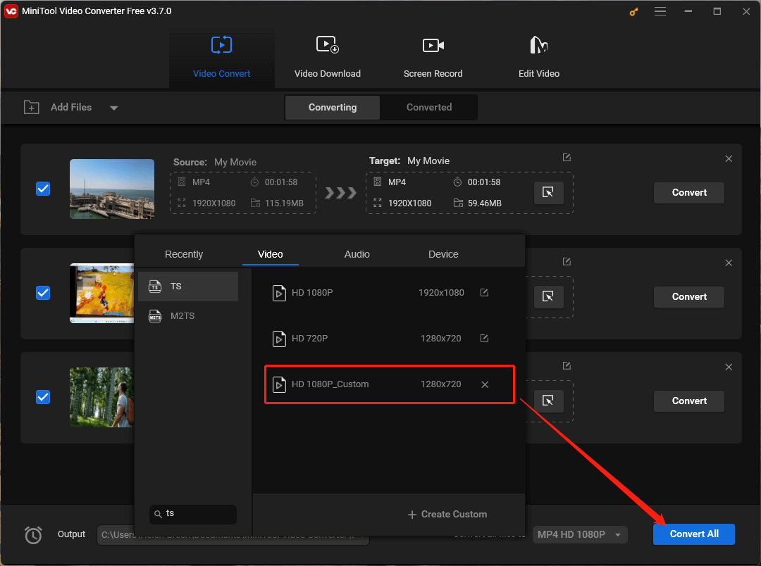 Choose your customized TS format to convert to in MiniTool Video Converter