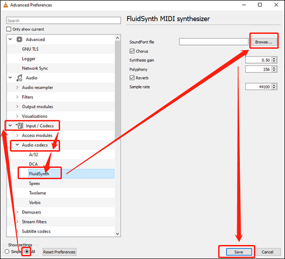 configure the SounFont file in VLC