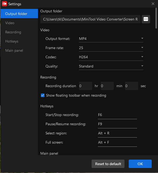 Screen Recording Settings Interface