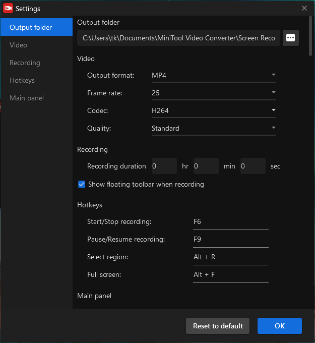 Screen recording settings interface