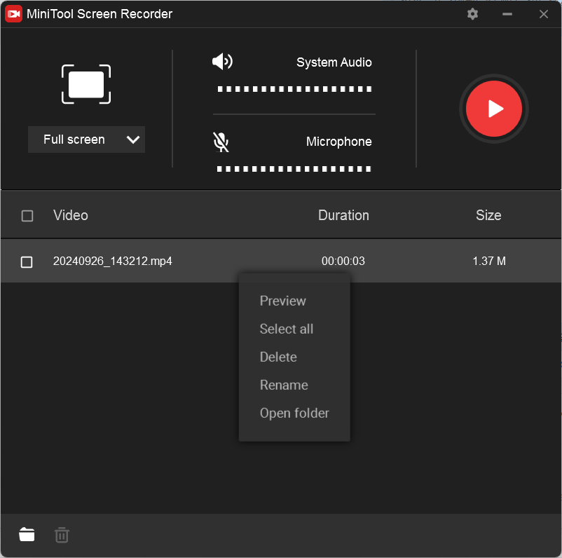 Right-click the recording for rename, preview, delete, etc. in the MiniTool Screen Recorder window