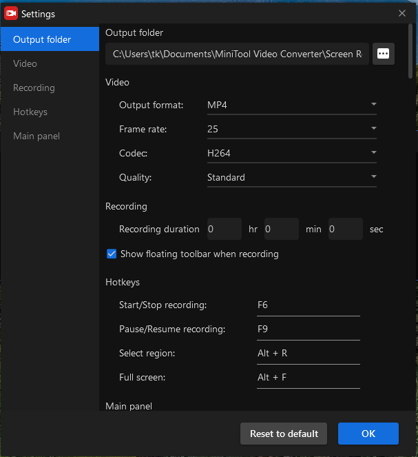 The Interface of the Screen Recording Settings