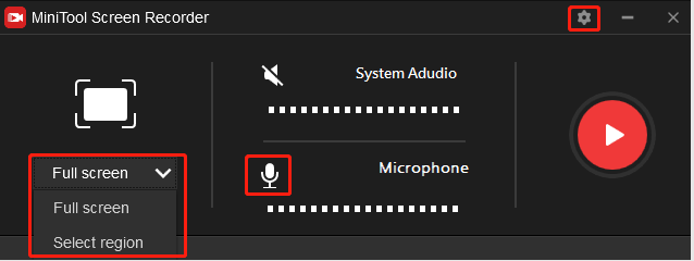 Click Select region to select a recording area, the Microphone icon to open the microphone, and the Settings icon for more settings in the MiniTool Screen Recorder panel