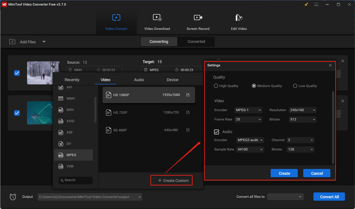 create a new video quality preset for MPEG