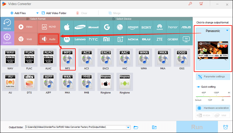 Choose MP3 as the output format for conversion in WonderFox HD Video Converter Factory Pro