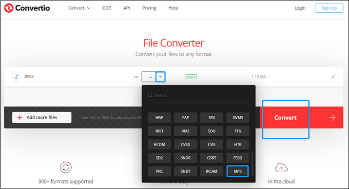 Click MP3 for format conversion in Convertio