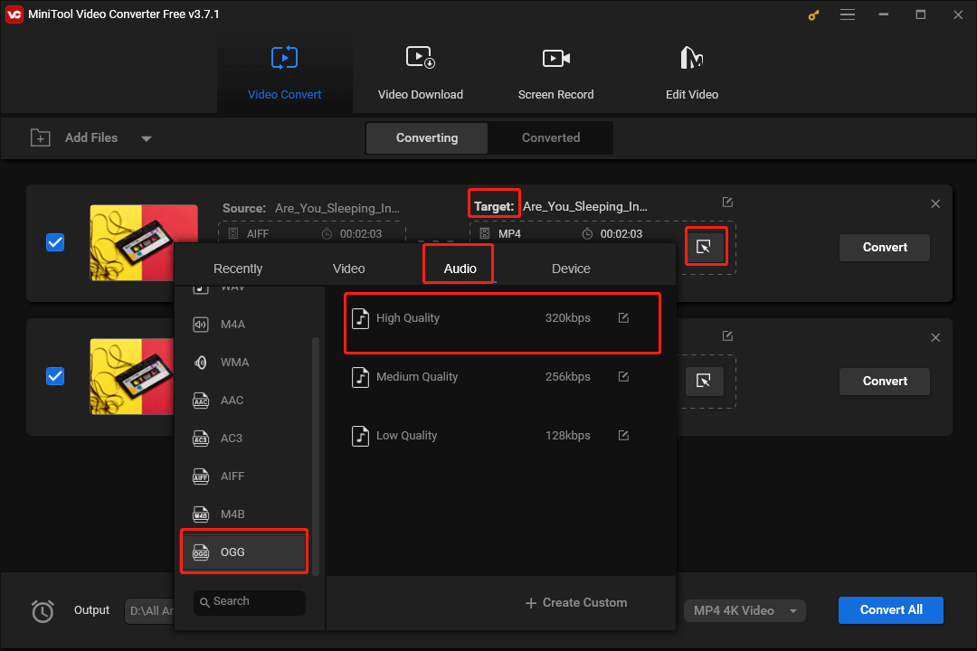 Click on the Edit icon in MiniTool Video Converter to set OGG High Quality as the output format for each AIFF file