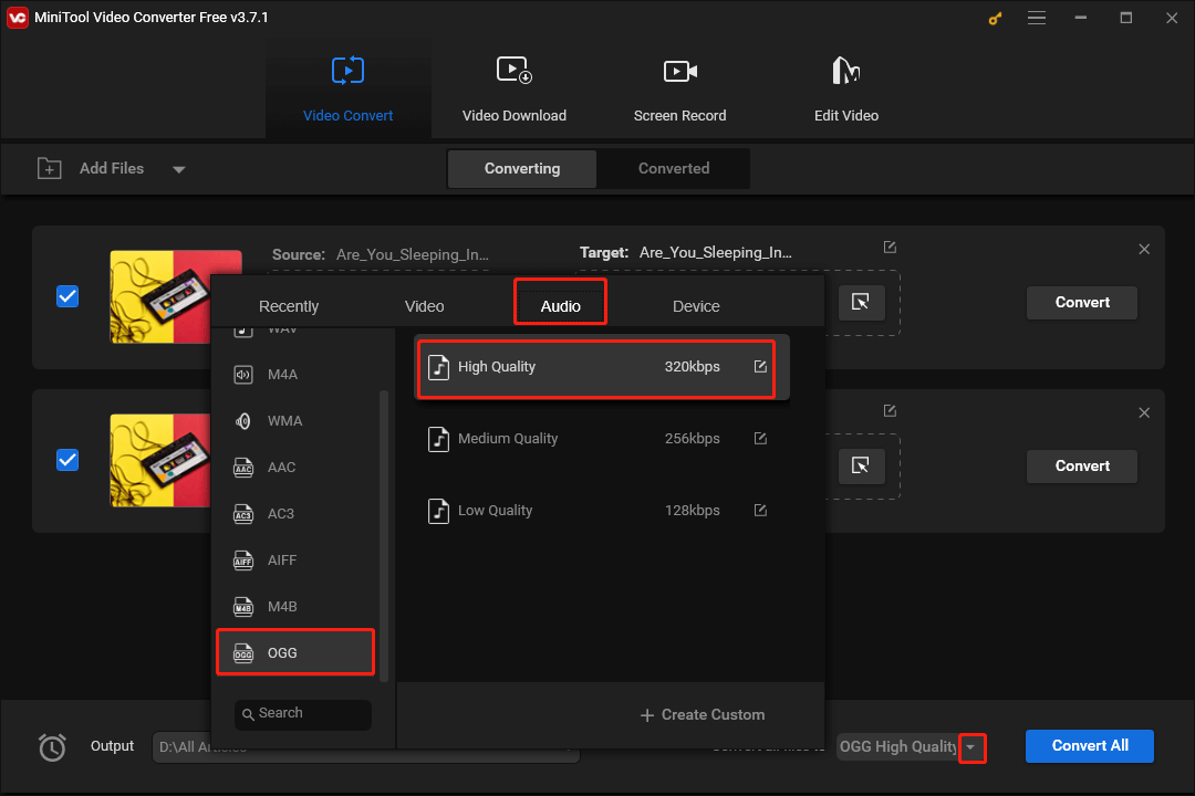 Click on the inverted arrow in MiniTool Video Converter to expand the Convert all files to option and set OGG High Quality as the uniform output format for your AIFF files