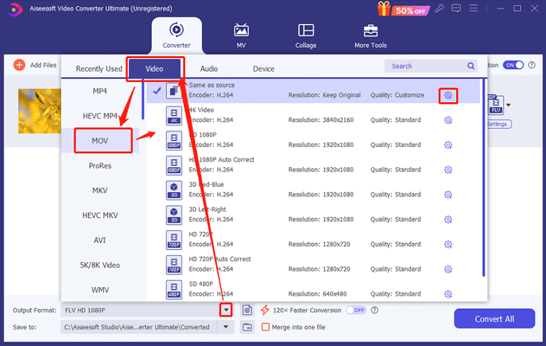 Choose MOV as the output format for conversion in Aiseesoft Video Converter Ultimate