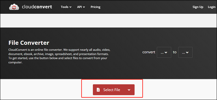 Click Select File to import AVCHD file(s) for format conversion in CloudConvert