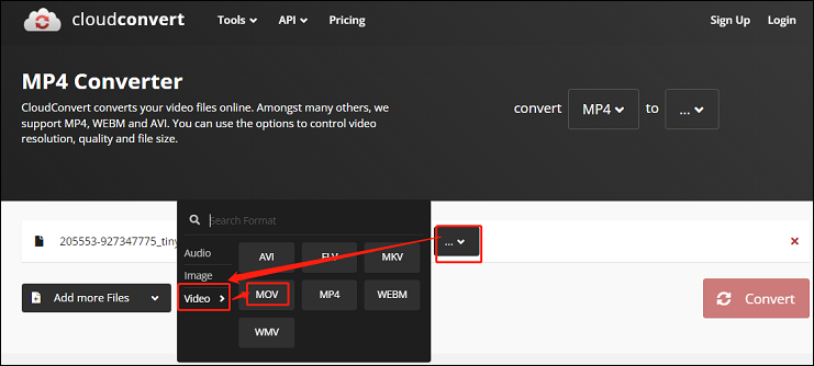 Choose MOV as the output format for conversion in CloudConvert