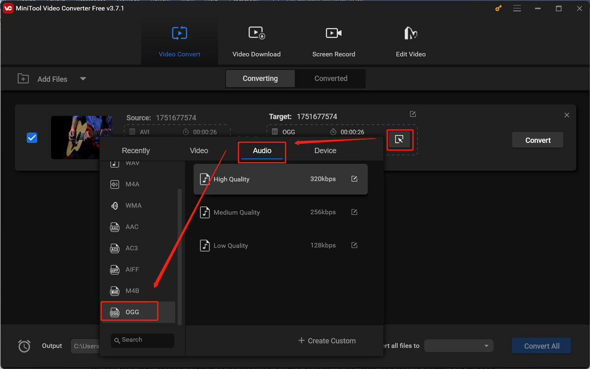 Choose OGG as the output format in MiniTool Video Converter