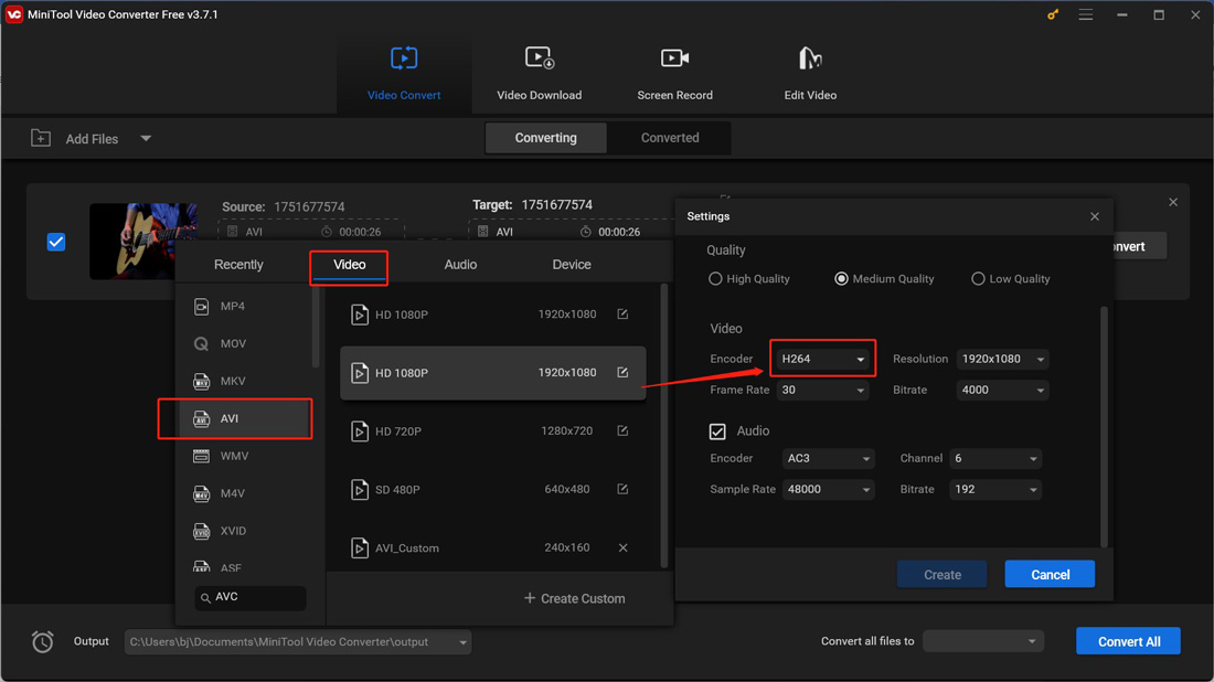 Choose AVI with the default H264 encoder as the output format in MiniTool Video Converter