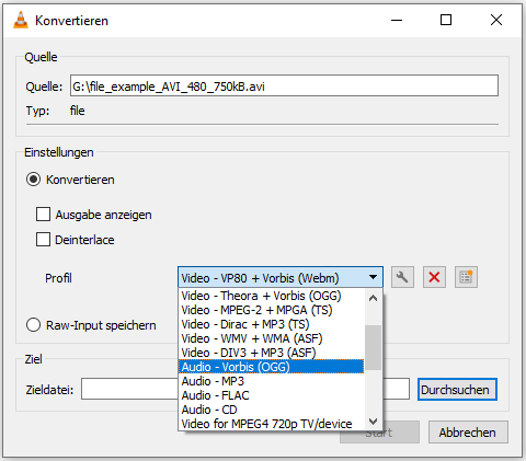AVI mit VLC zu OGG umwandeln