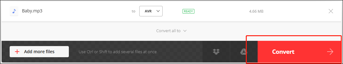 Click on the Convert button to begin the AVR to MP3 conversion