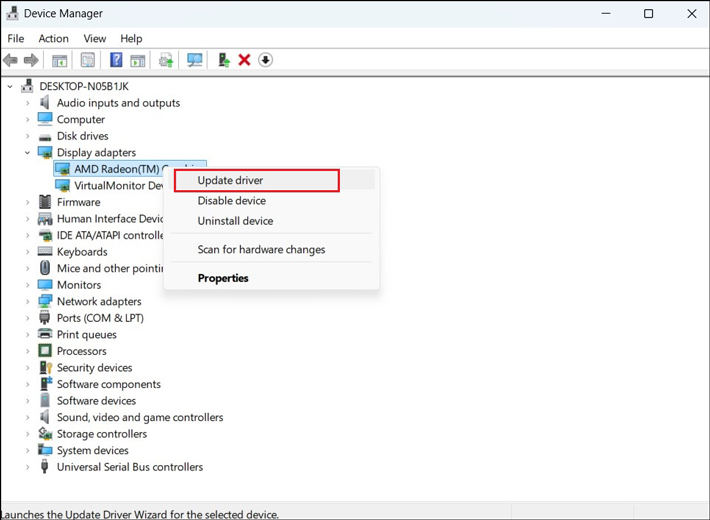 Select the Update driver option on the Device Manager window to check the update of your graphic driver