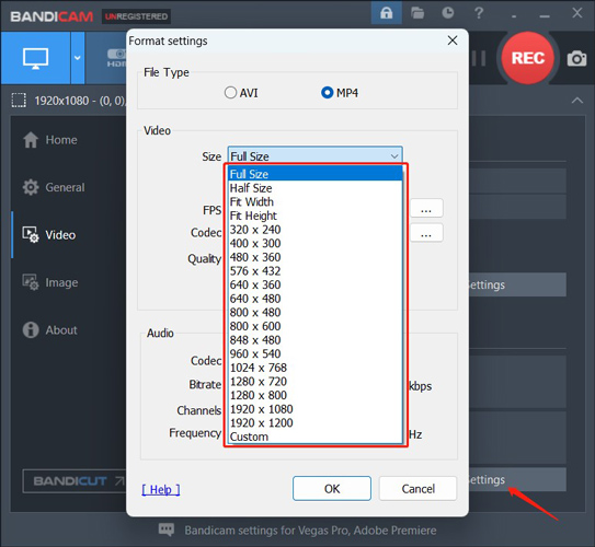 Choose the size that matches your computer on the Format settings window of Bandicam