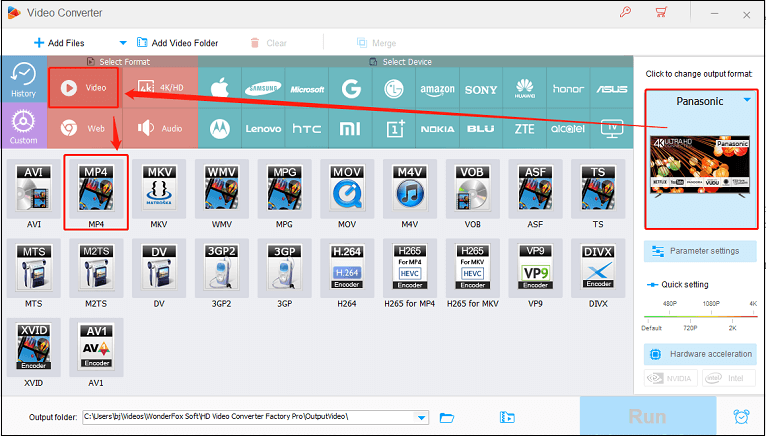 Choose MP4 for format conversion in HD Video Converter Factory Pro