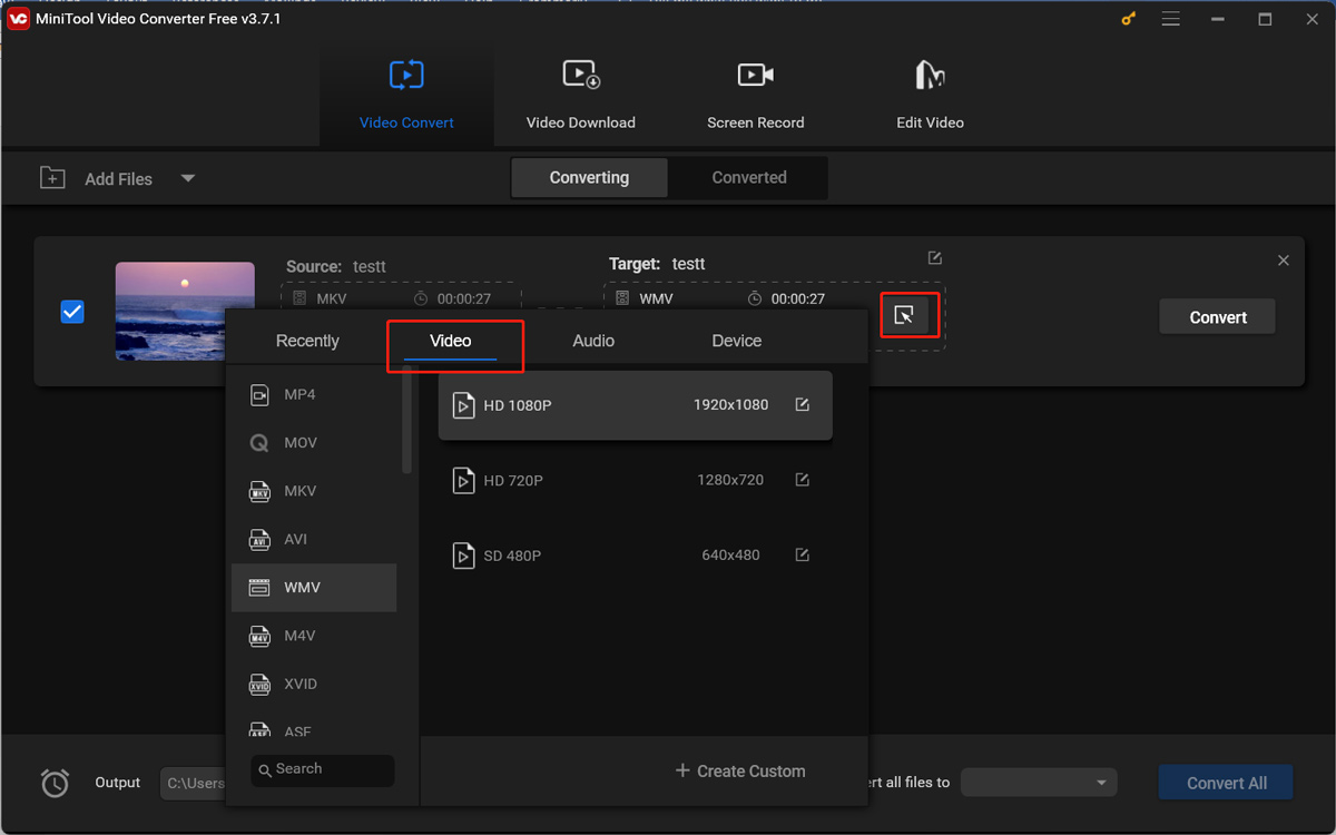 Open the output format window in MiniTool Video Converter and choose a video format supported by Xbox