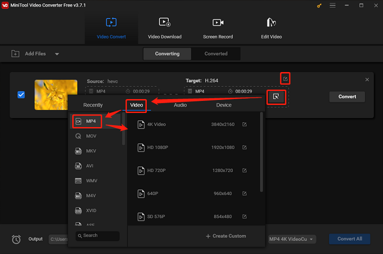 Choose MP4 as the output format for conversion in MiniTool Video Converter