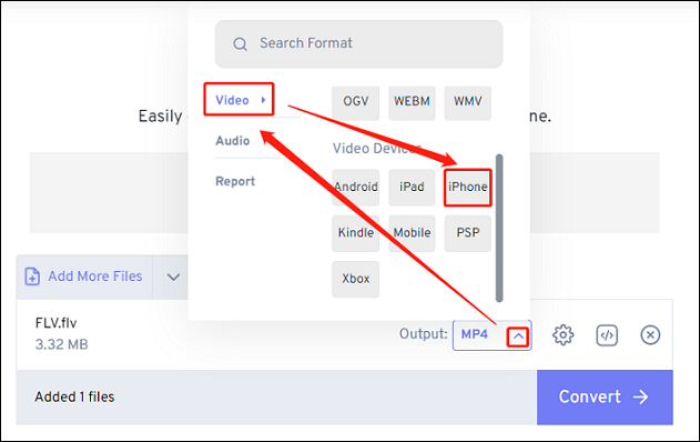 Choose iPhone as the output format for conversion in FreeConvert