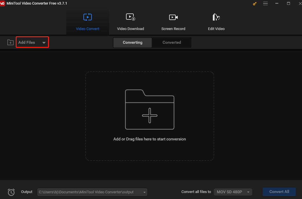 Click Add Files in MiniTool Video Converter to load MOV to the program