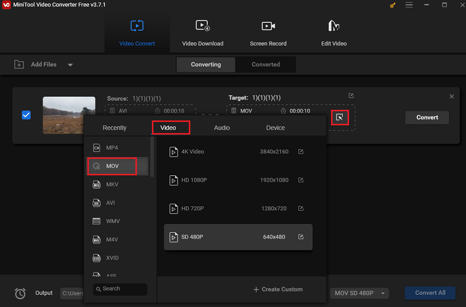 Select MOV as the output format under the Video tab