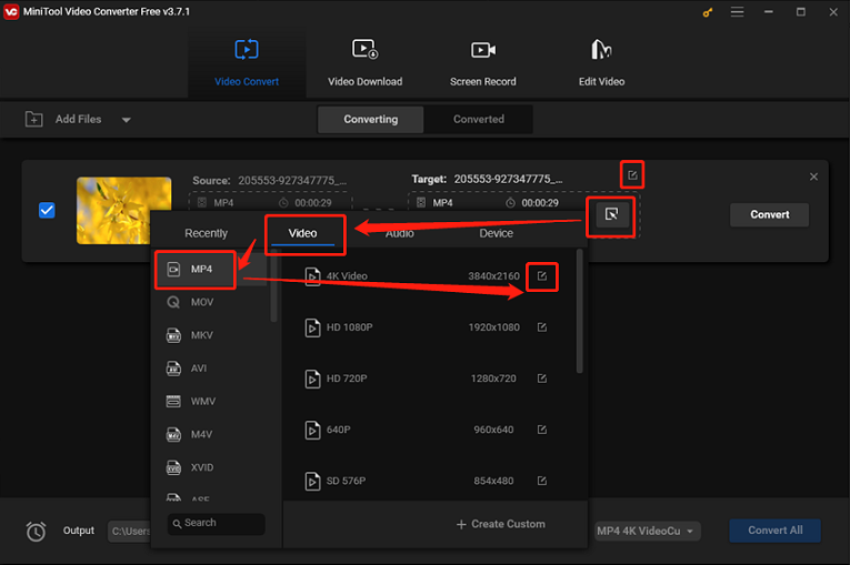 Choose the MP4 format with a H264 video encoder for format conversion in MiniTool Video Converter